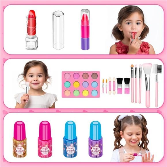 58 Pcs Makeup Set with Real Cosmetic, Washable Make Up Kit (Pink) For Kids - Picture 2 of 6